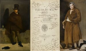 Édouard Manet: El bebedor de absenta (1859) óleo sobre lienzo, Ny Carlsberg Glyptotek, Copenhague./ Frontispicio de la primera edición de Las flores del mal de Baudelaire (1857) con anotaciones del autor./ Diego Velázquez: Esopo (1639-40) óleo sobre lienzo, Museo del Prado, Madrid.